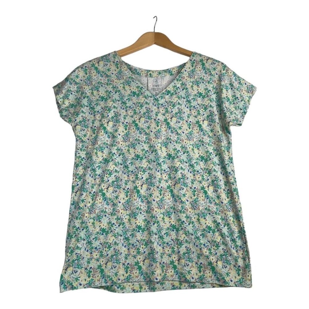 J. Jill‎ Floral Print Luxe Supima Pleat Back Tee size Small Tall Green